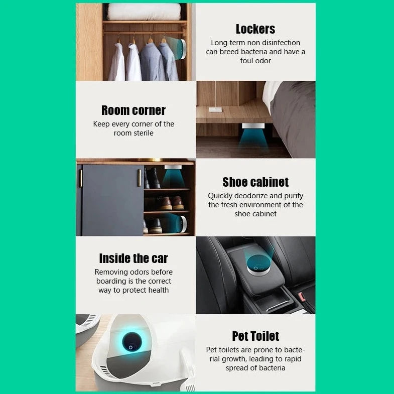 Smart Portable Air Purifier suitable for use in lockers, room corners, shoe cabinets, inside the car, and pet toilets, providing versatile air purification for various environments